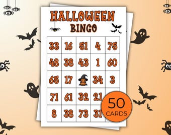 Halloween Number Bingo Printable Game for Kids, 50 Cards, Fun Classroom Activity, Instant Download, Halloween Party Fun