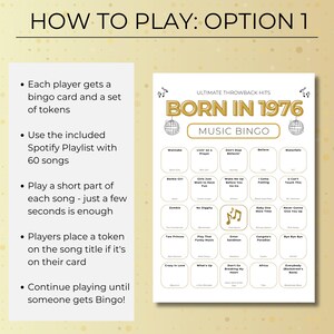 Born in 1976 Music Bingo, 50th Birthday, 50 Printable Cards, Spotify Playlist, 70s 80s 90s Music Party Game, Instant Download