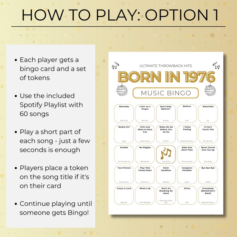 Born in 1976 Music Bingo, 50th Birthday, 50 Printable Cards, Spotify Playlist, 70s 80s 90s Music Party Game, Instant Download