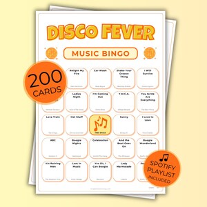 Disco Fever Music Bingo, 70s 80s Birthday Party Game with 200 Bingo Cards, Ladies Night, Instant Download with Spotify Playlist