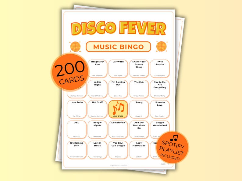 Disco Fever Music Bingo, 70s 80s Birthday Party Game with 200 Bingo Cards, Ladies Night, Instant Download with Spotify Playlist