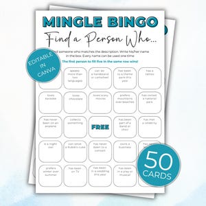 Mingle Bingo printable game with 50 unique bingo cards for groups, editable in Canva, digital download