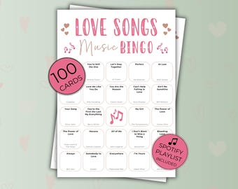 Bingo musical con canciones de amor, lista de reproducción romántica para San Valentín, 100 tarjetas, divertida actividad para fiestas, Spotify