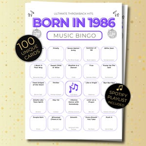 Born in 1986 Music Bingo, 100 Cards 40th Birthday Party Game, Retro 80s Printable, Spotify Playlist, Instant Download