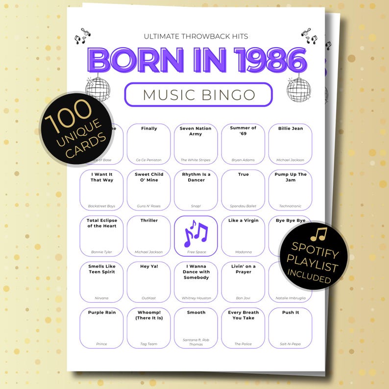 Born in 1986 Music Bingo, 100 Cards 40th Birthday Party Game, Retro 80s Printable, Spotify Playlist, Instant Download