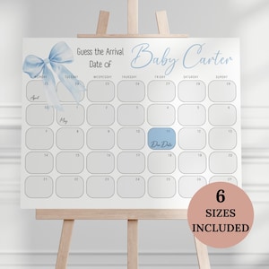 Blue Bow Baby Shower Due Date Sign, Printable Editable Calendar, Birth Date Sign for Baby Shower Celebration, Guess the Due Date Game, BS02