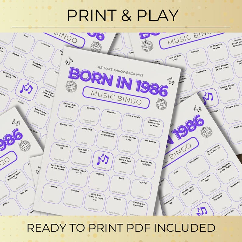 Born in 1986 Music Bingo, 100 Cards 40th Birthday Party Game, Retro 80s Printable, Spotify Playlist, Instant Download