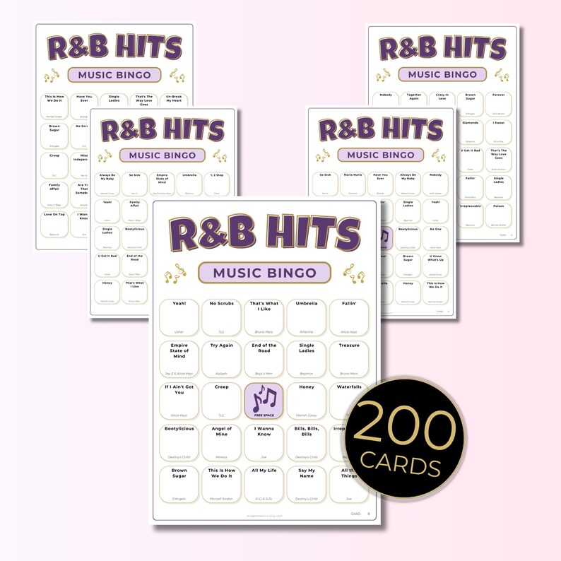R&B Music Bingo, 200 Unique Cards with Spotify Playlist, Printable Party Game and Music Night Activity