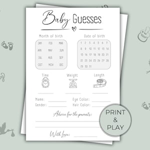 Guess the Due Date and Weight, Baby Shower Game, Guess Baby's Gender, Printable Baby Prediction and Advice Cards