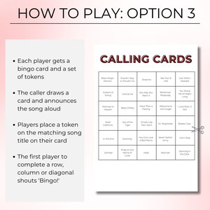 May include: A white game card with the text "CALLING CARDS" and a grid of song titles. Instructions on the left explain how to play, including the use of bingo cards and tokens. The game is called "Bingo!"