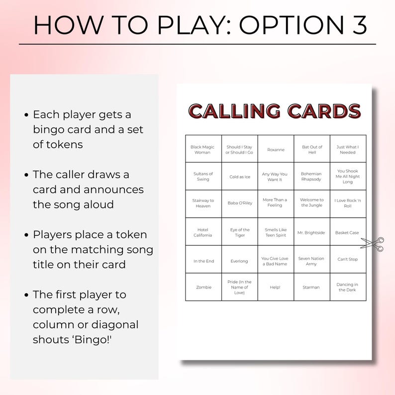 May include: A white game card with the text "CALLING CARDS" and a grid of song titles. Instructions on the left explain how to play, including the use of bingo cards and tokens. The game is called "Bingo!"