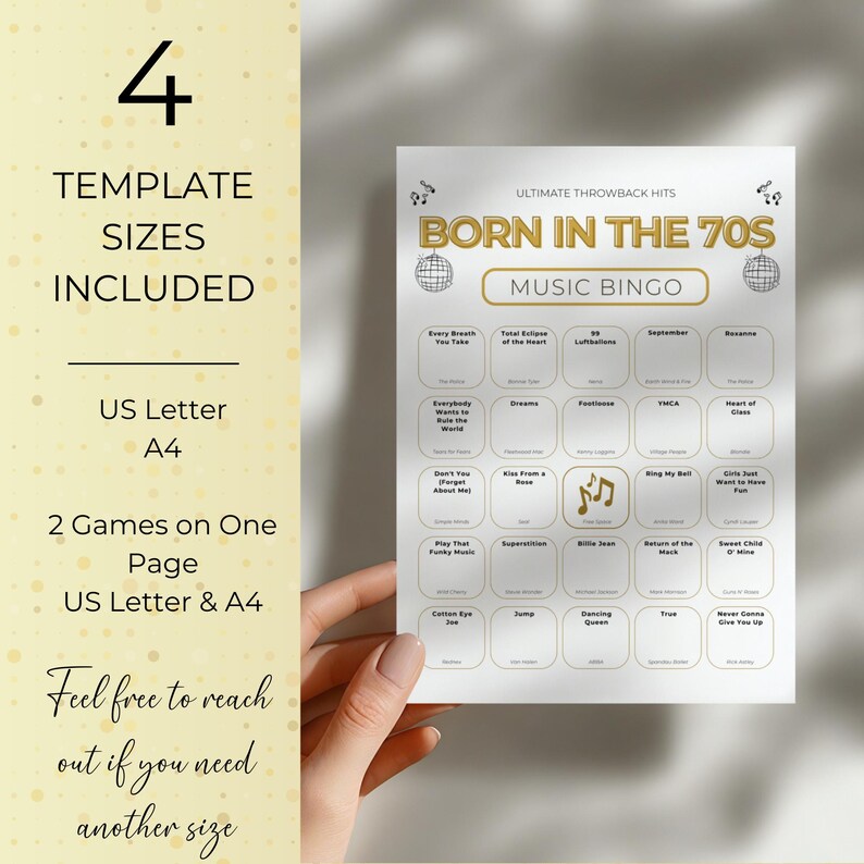 Born in the 70s Music Bingo, 100 Cards 50th Birthday Party Game, 1970s Retro Music Bingo Printable, Instant Download