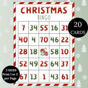 Kerstnummerbingo - 20 afdrukbare bingokaarten, leuke kerstfamiliespellen, feestspel voor kinderen en volwassenen, werkvakantiebingo, digitaal