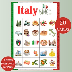 Bingo de viagem pela Itália, 20 cartões de bingo para impressão, jogo divertido para a família, atividade de viagem com tema italiano para crianças