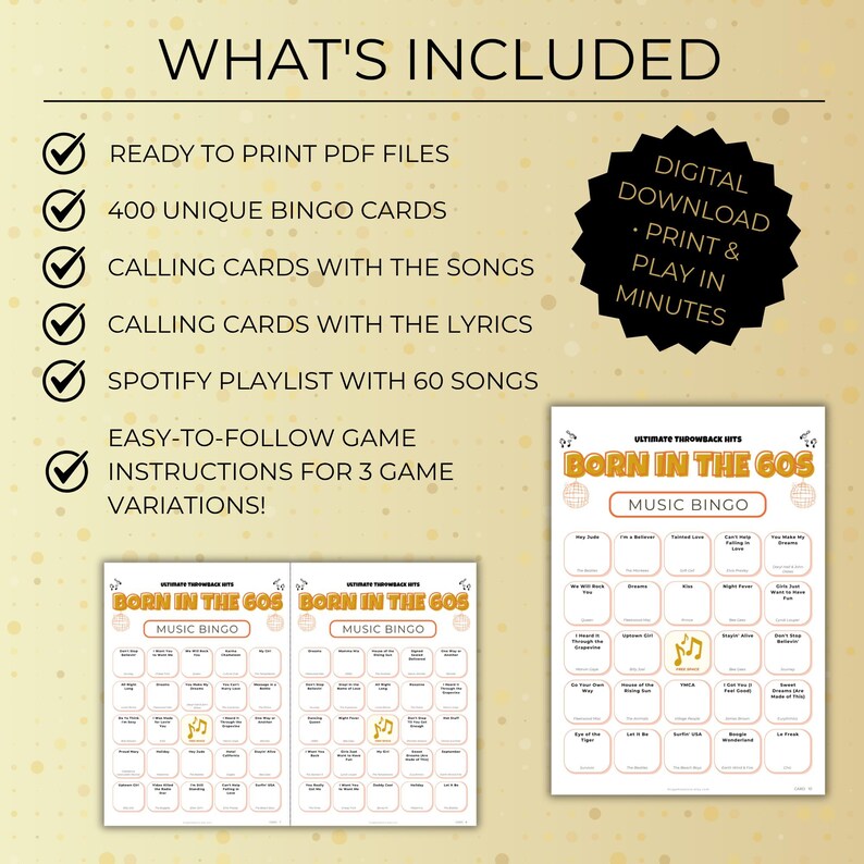Born in the 60s Music Bingo, 400 Cards Printable, 1960s Retro Party Game, Large Group Birthday Activity, Sportify Playlist, Instant Download