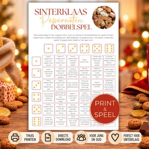 以下が含まれることがあります： Sinterklaas Pepernoten Dobbelspelと題された白いゲームシートで、サイコロゲームの指示がグリッド状に記載されています。シートには小さなクッキーの円形画像、Print & Speelという文字が入った赤い円、印刷、PDF、グループプレイ、ハートのアイコンが含まれています。