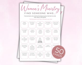 Gioco "Trova qualcuno che" per il ministero femminile, 50 cartelle del bingo per rompere il ghiaccio in chiesa, attività divertente per il ritiro delle donne, PDF stampabile, download digitale