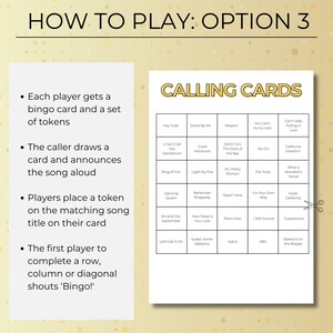 Music Bingo calling cards with song titles, Decades of Hits bingo game printable, fun music quiz and bingo combo