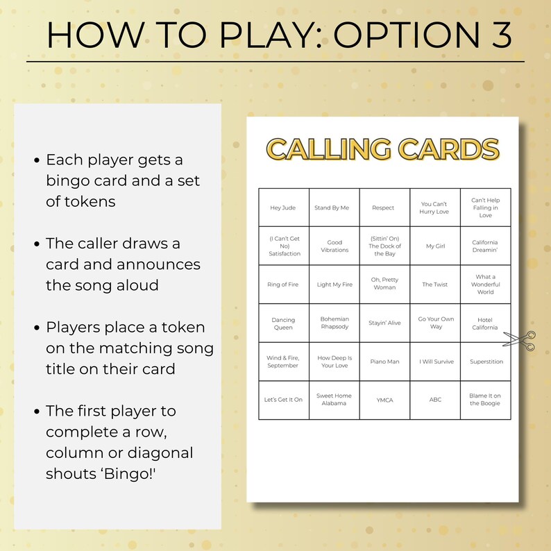 Music Bingo calling cards with song titles, Decades of Hits bingo game printable, fun music quiz and bingo combo