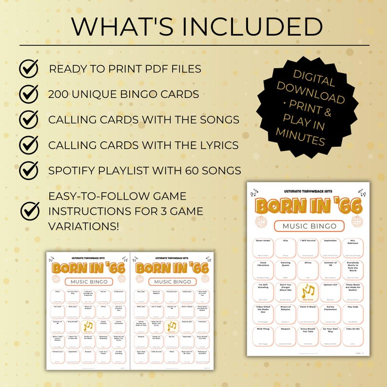 Born in 1966 Music Bingo, 200 Cards 60th Birthday Party Game, Golden Oldies, Retro Music Bingo with Spotify Playlist