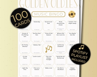 60er und 50er Jahre Musik Bingo, 100 druckbare Spielkarten für Familienspaß, sofortiger Download, Retro Party Unterhaltung