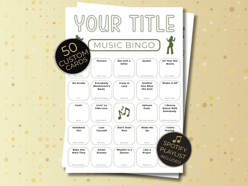 Custom Music Bingo, 50 Cards, Printable Party Game with Your Playlist, Instant Download for Fun Gatherings