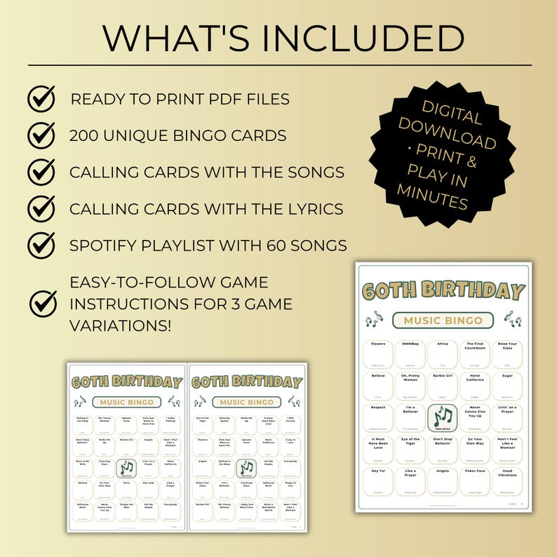 60th Birthday Music Bingo, 200 Unique Cards with Spotify Playlist, Printable Party Game, 1966 Celebration, Instant Download