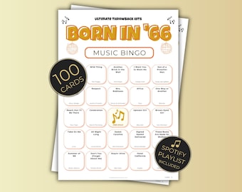 Bingo musical "Nacido en 1966", juego ideal para fiestas de 60 cumpleaños, bingo musical retro imprimible, lista de reproducción de Spotify, descarga instantánea.