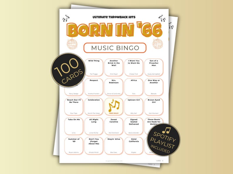 Born in 1966 Music Bingo, 60th Birthday Party Idea Game, Printable Retro Music Bingo, Spotify Playlist, Instant Download