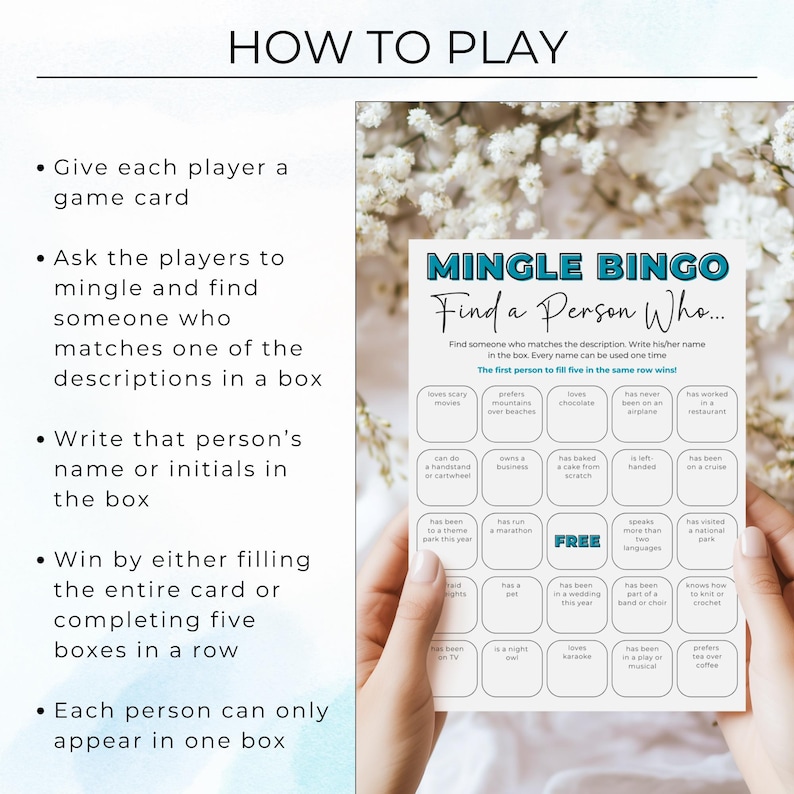 Instructions for playing the Mingle Bingo icebreaker game at parties or group events