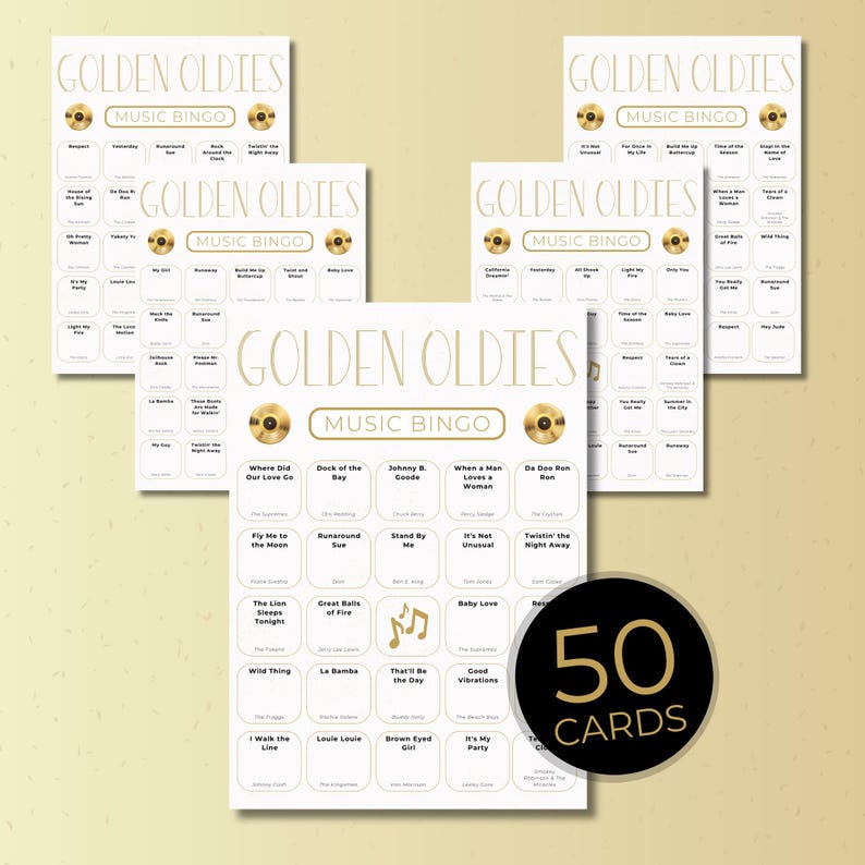 Golden Oldies Music Bingo printable with multiple unique bingo cards displayed, vintage gold design, classic oldies songs, 50 cards included