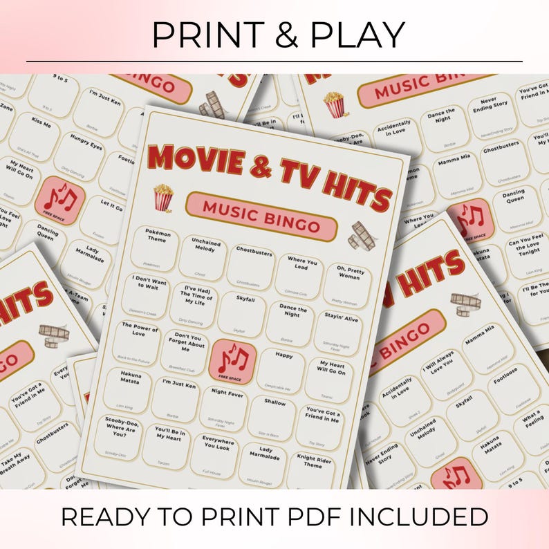 Movies & Shows Music Bingo, Fun Printable Game for Parties, 100 Bingo Cards + Spotify Playlist for Game Night