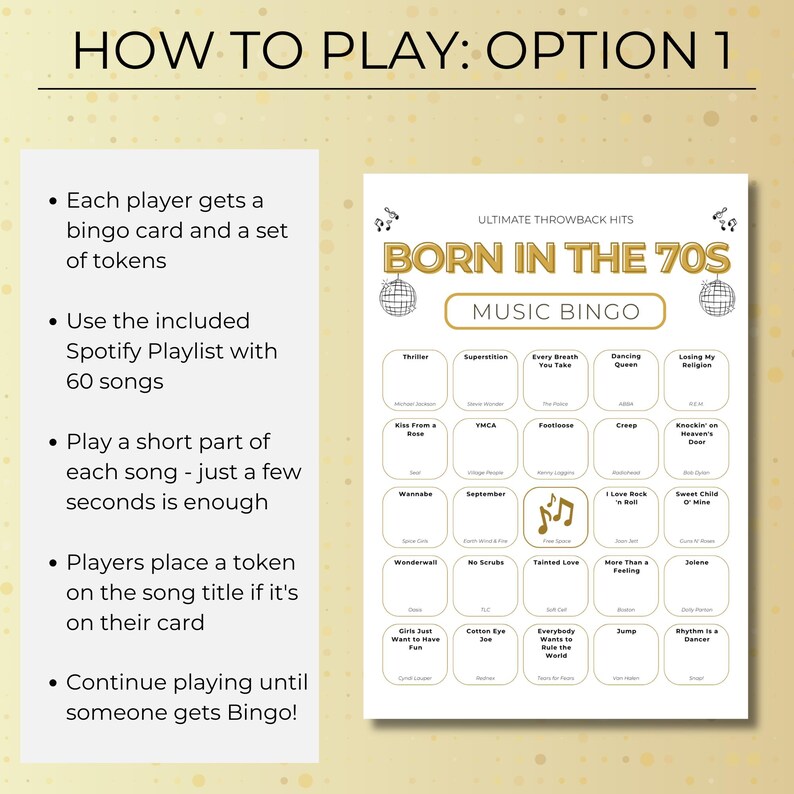 Born in the 70s Music Bingo Printable, 200 Cards 50th Birthday Party Game, Retro 1970s Activities, Spotify Playlist, Instant Download