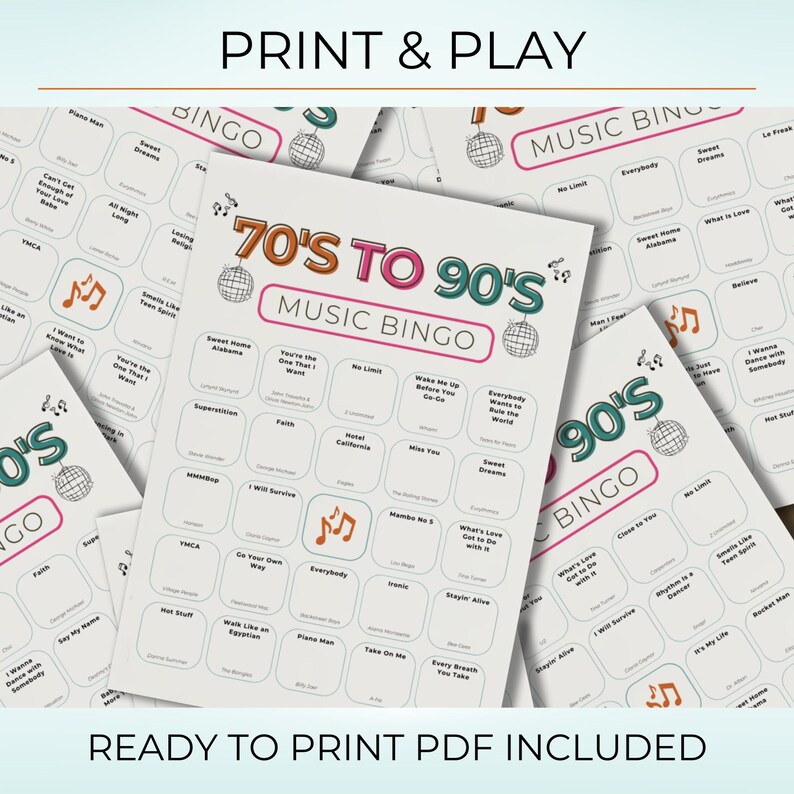 70s 80s 90s Music Bingo, Decades Bingo, Printable Game with 100 Cards, Spotify Playlist,  Family Reunion or Office Party