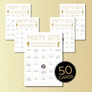 Party Hits Music Bingo printable showing multiple unique bingo cards with gold and beige design, party music bingo game with 100 cards.