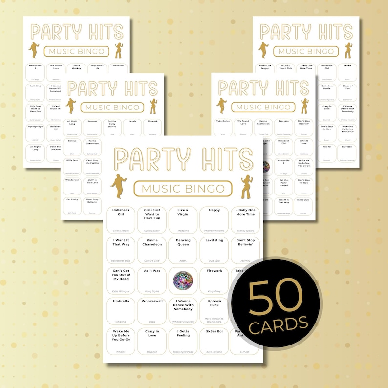 Party Hits Music Bingo printable showing multiple unique bingo cards with gold and beige design, party music bingo game with 100 cards.
