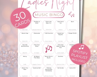 Ladies Night Music Bingo, 30 Cards, Fun Printable Game with Spotify Playlist, Galentine and Bachelorette Activity