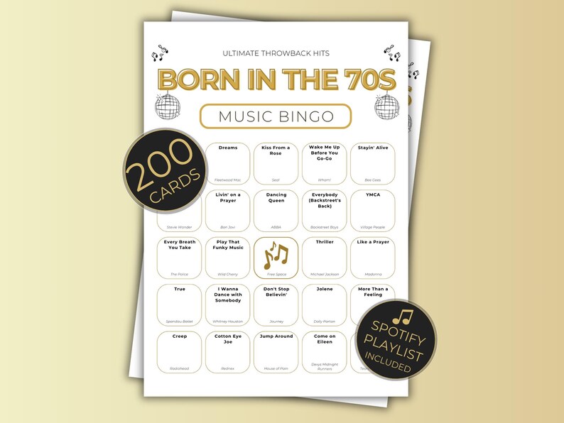 Born in the 70s Music Bingo Printable, 200 Cards 50th Birthday Party Game, Retro 1970s Activities, Spotify Playlist, Instant Download