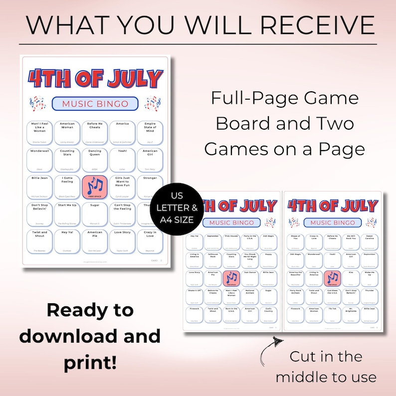 4th of July Music Bingo, Patriotic Party Game, 50 Printable Cards, Digital Download for Independence Day Fun