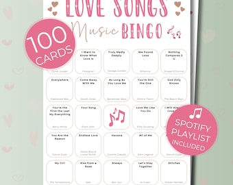 Liebeslieder-Musik-Bingo, Romantisches Playlist-Spiel zum Valentinstag, 100 Karten, lustige Party-Aktivität, Spotify