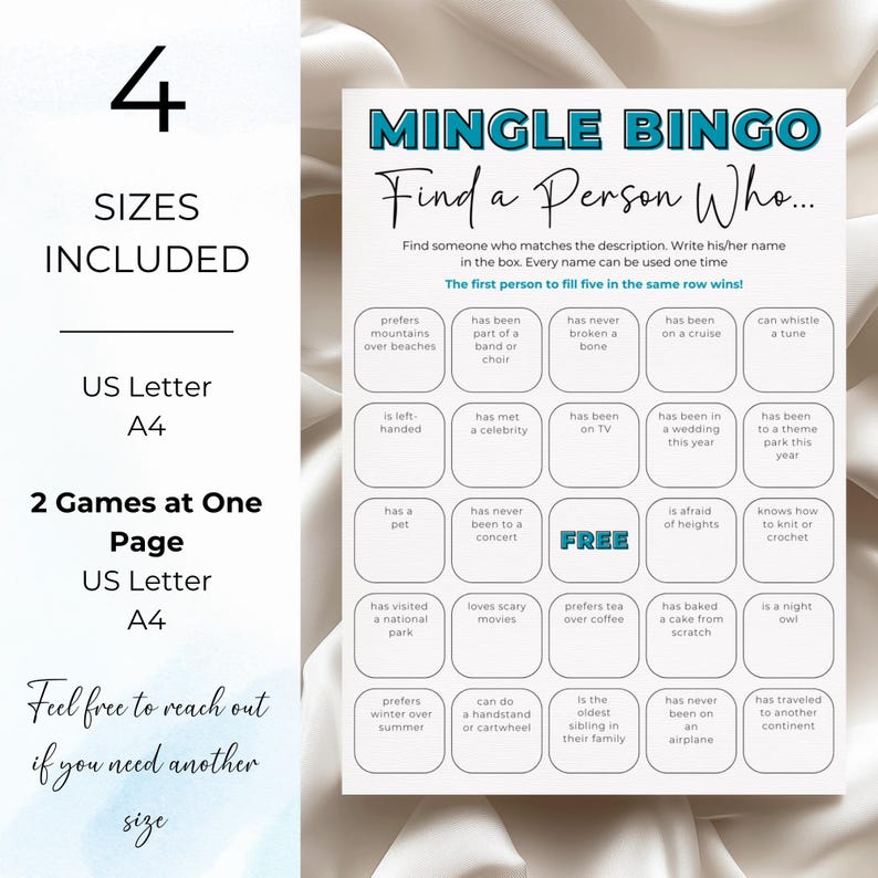 Mingle Bingo printable game available in US Letter and A4 sizes, full page and two games per page