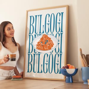 koreanisches Bulgogi Essen Kunst, Blau Orange asiatisches Essen Druck Kunst, Küchendekoration, Ausstellungsplakat, Küche Wandkunst, geschmackvolle Kunst, digitaler Download