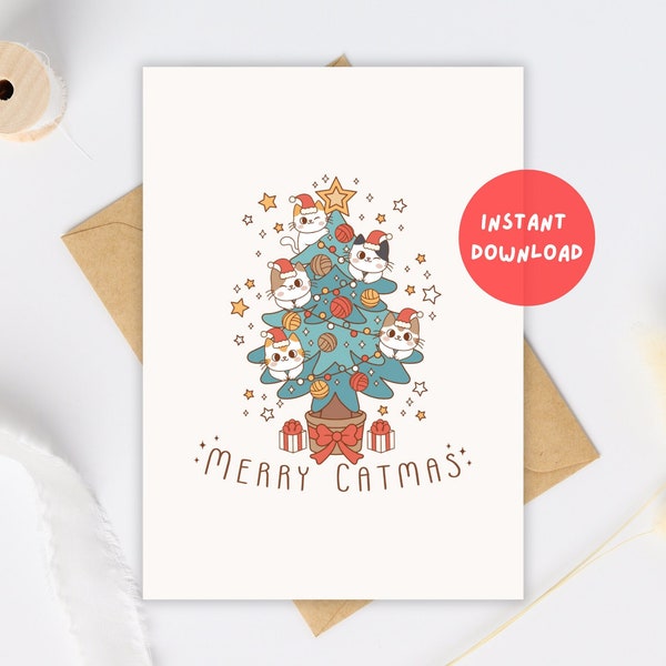 Merry Catmas Cute Cat Christmas Card, Printable, Digital Download