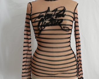 Iconique vintage Jean Paul Gaultier haut en résille rayé manches longues Femme rose taille S M