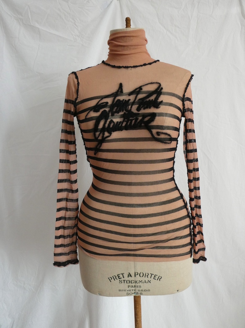 Iconic vintage Jean Paul Gaultier mesh top striped long sleeves Femme pink size S M image 1