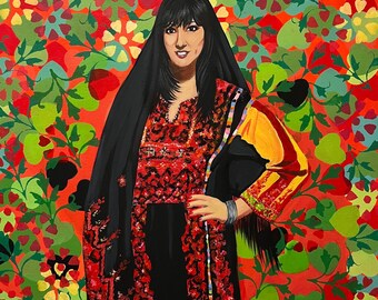 original palestinien painting , woman in Palestinian traditional costum on stretched canvas 24x30 inches