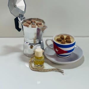 Può includere: Una natura morta con una caffettiera italiana argentata, una tazzina e un piattino con un disegno della bandiera cubana e una piccola bottiglia di olio. La tazza e la caffettiera sono piene di chicchi di caffè.