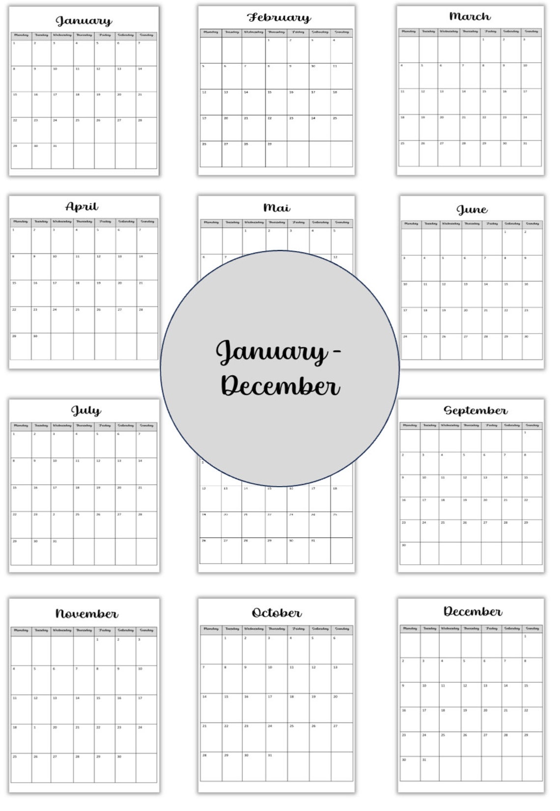 Printable Calendar 2024 Monthly Planner 2024 A4 Format Minimalist