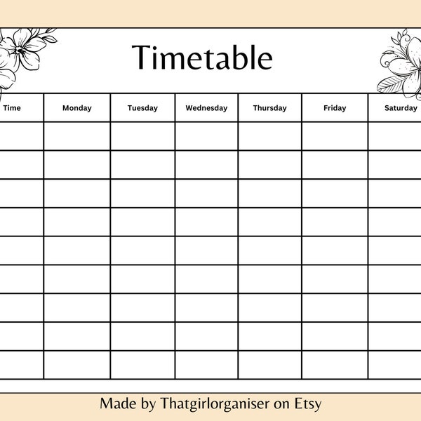 Timetables, Printable 4 different Versions, Instant download, 9 hours, A4 Format, Uni & Schule