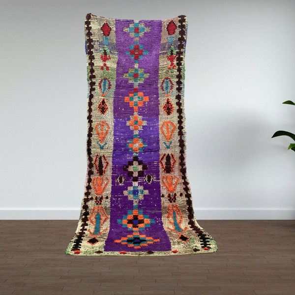 Moroccan Boucherouite rug 3x8 Feet Purple rug - Antique tribal rug - Azilal rug - Handmade rug - Runner rug - Runner rug runner